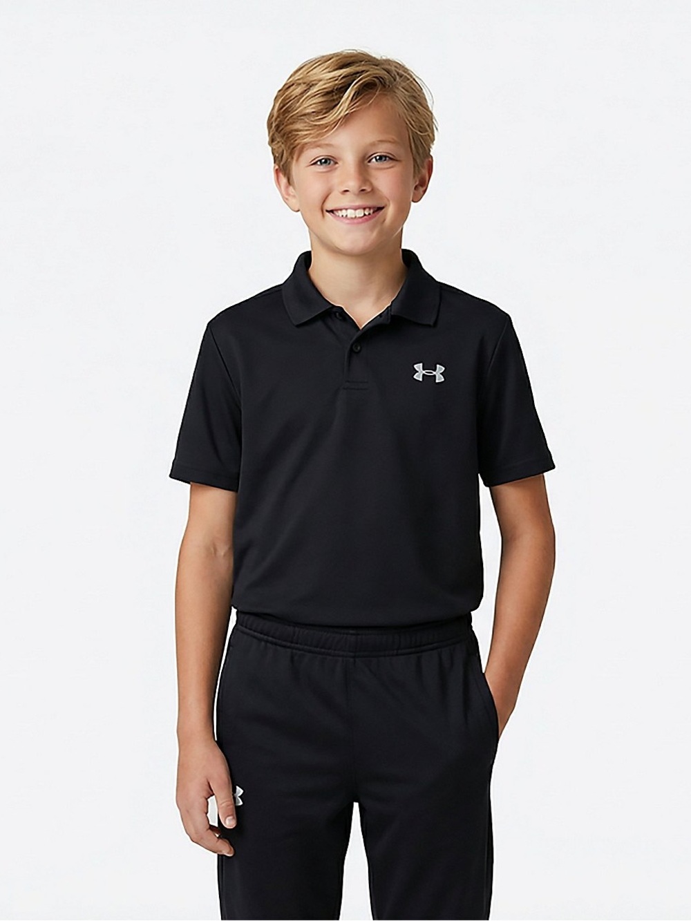 2 EUC Under Armour Boys Performance Polo Shirts Size Youth XS Black & Grey